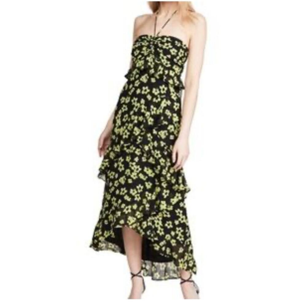 WAYF Zander Floral Print‎ Halter Neck Lime Green Black Midi Dress Size Small